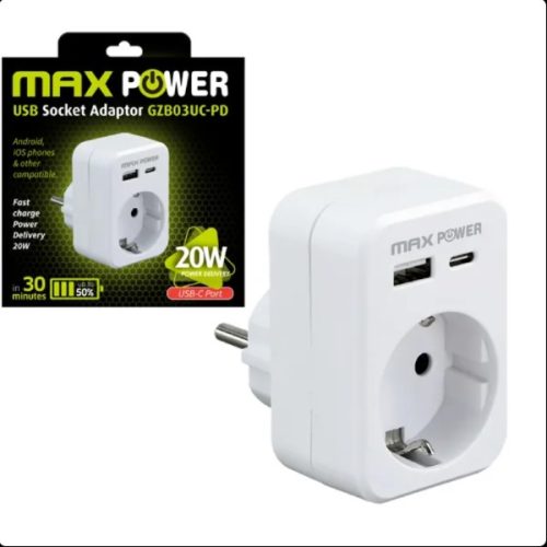 MAXPOWER UTIKAČ  S USB-A i TYPE-C PUNJAČEM GZB03UC-PD 20W