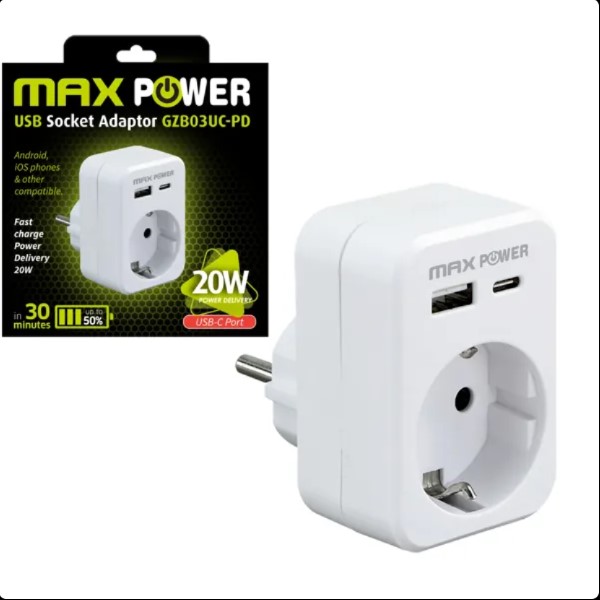 MAXPOWER UTIKAČ S USB-A i TYPE-C PUNJAČEM GZB03UC-PD 20W